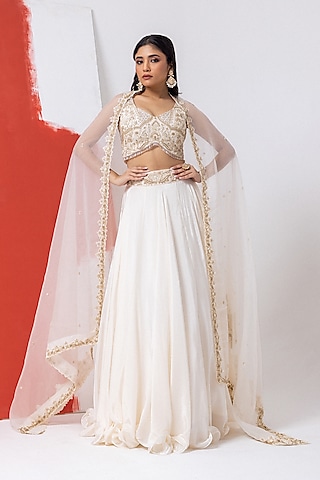 Ivory Organza & Crepe Pearl Work Lehenga Set by Mehak Sharma