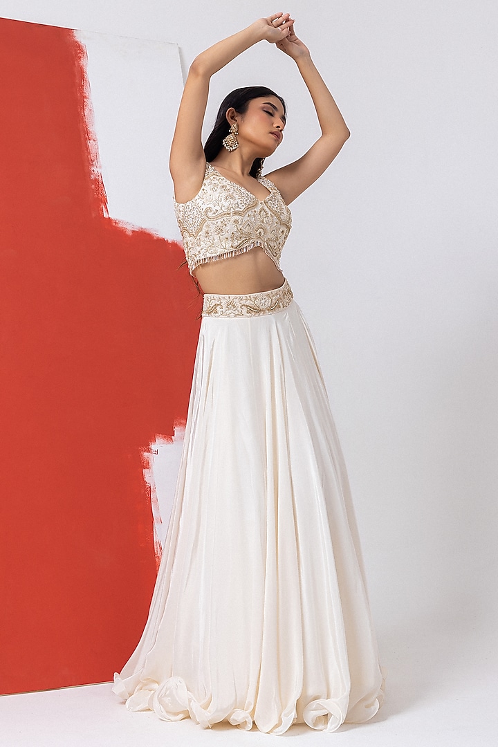 Ivory Organza & Crepe Pearl Work Wedding Lehenga Set by Mehak Sharma at Pernia's Pop Up Shop
