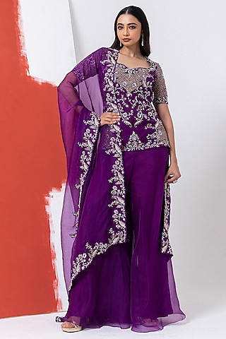 Purple Organza Hand Embroidered Kurta Set by Mehak Sharma