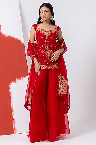 Fiery Red Organza Hand Embroidered Kurta Set by Mehak Sharma