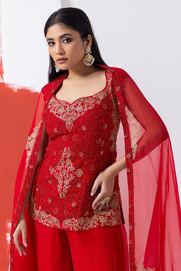 Fiery Red Organza Hand Embroidered Kurta Set by Mehak Sharma at Pernia's Pop Up Shop