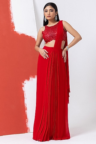 Medusa Red Georgette & Organza Cutdana Work Draped Saree Set by Mehak Sharma