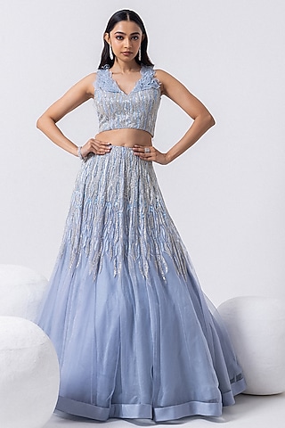 Cashmere Blue Organza Sequins Work Lehenga Set by Mehak Sharma