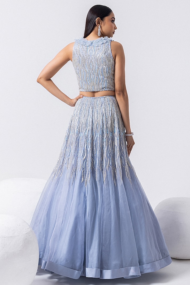 Cashmere Blue Organza Sequins Work Wedding Lehenga Set by Mehak Sharma at Pernia's Pop Up Shop