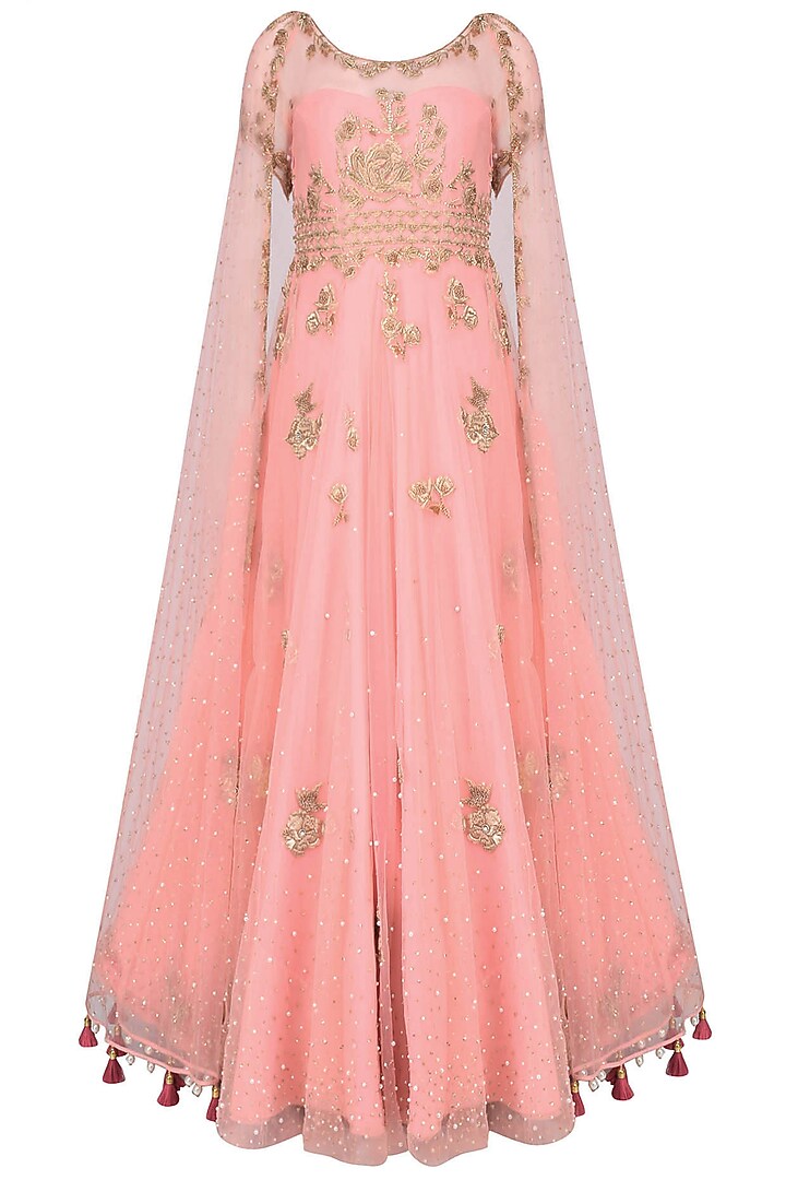 Surreal Rose Color Floral Motifs Flared Gown by Monika Nidhii