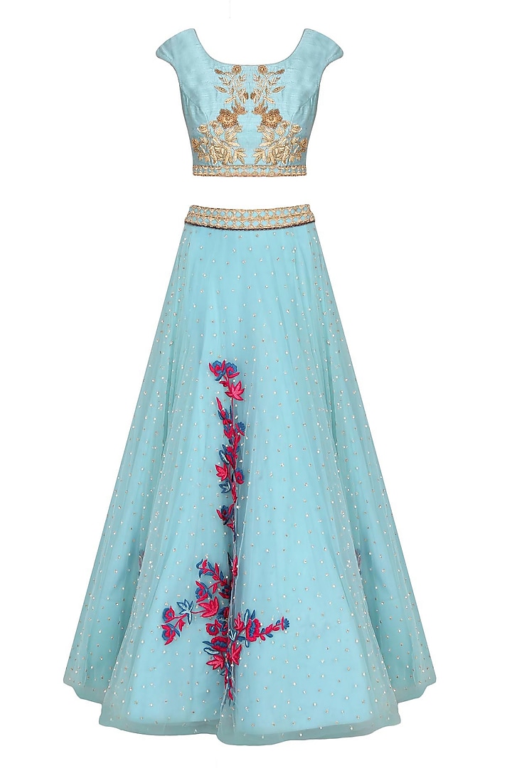 Frost Blue Sequins And Stones Floral Embroidered Lehenga Set by Monika Nidhii