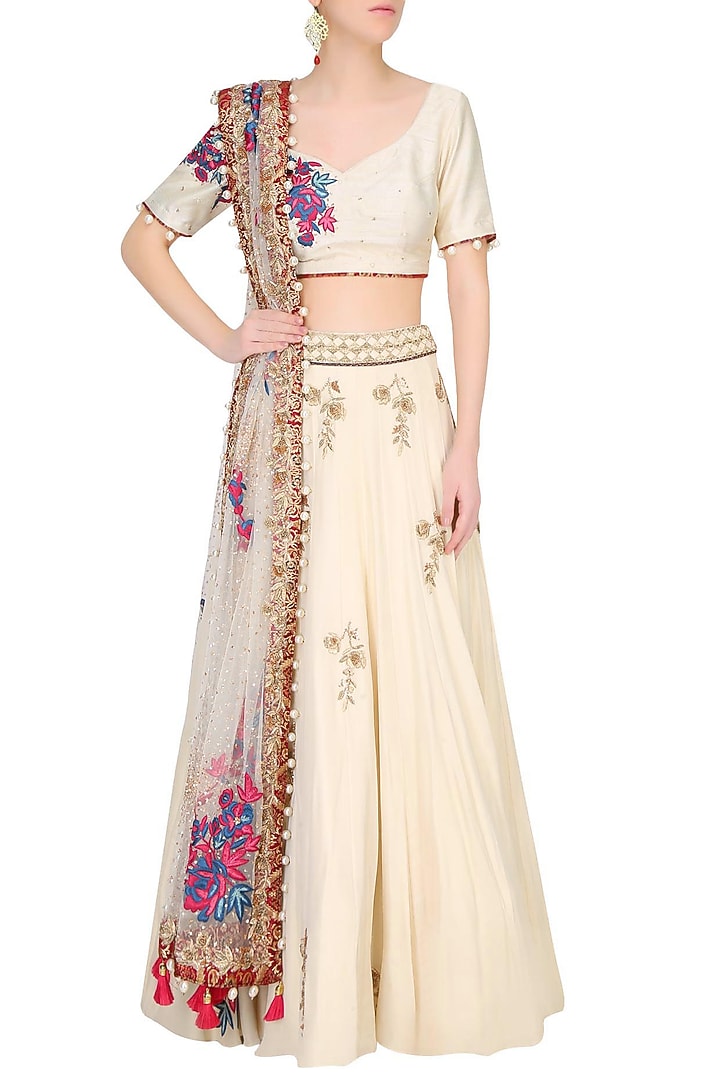 Vanilla color floral embroidered lehenga set available only at Pernia's Pop Up Shop.