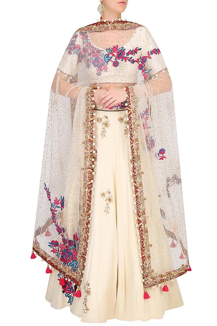 Vanilla color floral embroidered lehenga set available only at Pernia's Pop Up Shop.