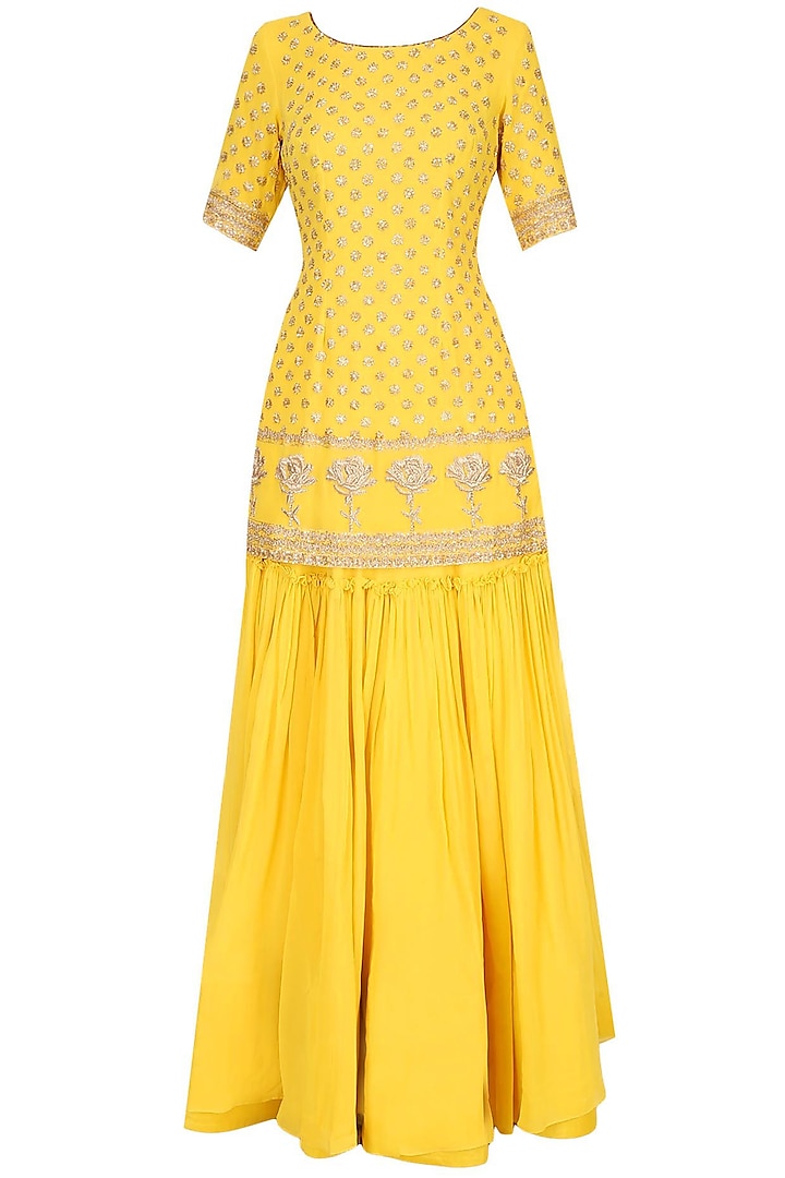 Buttercup Color Floral Motifs Short Kurta And Sharara Pants Set by Monika Nidhii