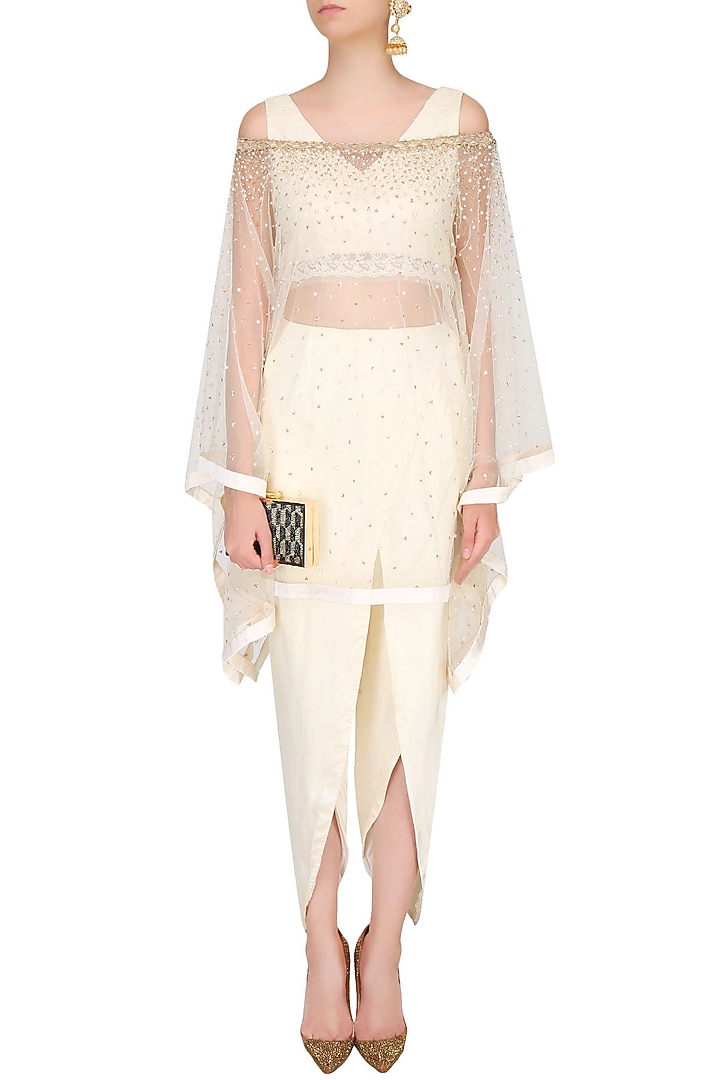 Off white threadwork crop top and embellished cape set available only at Pernia's Pop Up Shop.