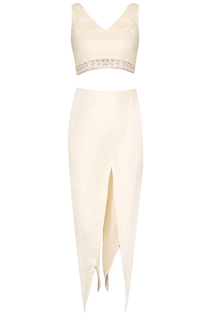 Off white threadwork crop top and embellished cape set available only at Pernia's Pop Up Shop.