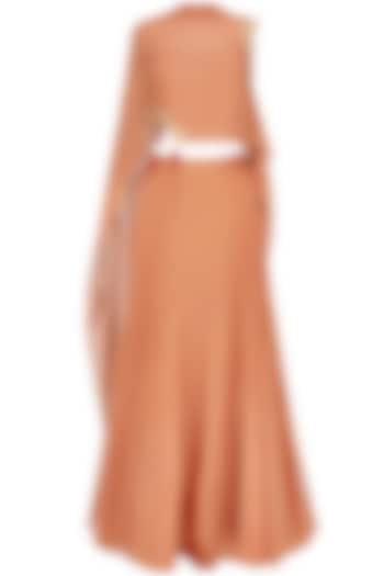 Iced coffee color floral cutwork one sleeve cape and orange skirt set available only at Pernia's Pop Up Shop.