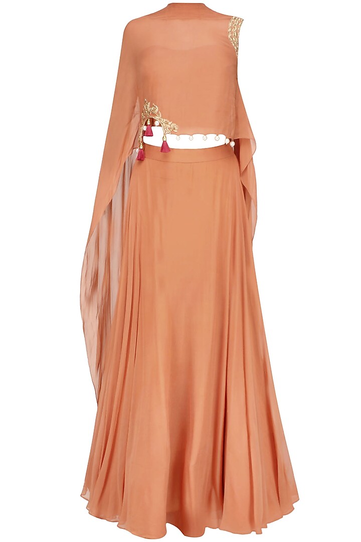 Iced coffee color floral cutwork one sleeve cape and orange skirt set available only at Pernia's Pop Up Shop.