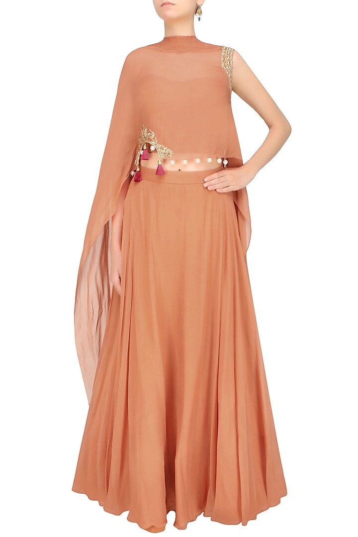 Iced coffee color floral cutwork one sleeve cape and orange skirt set available only at Pernia's Pop Up Shop.