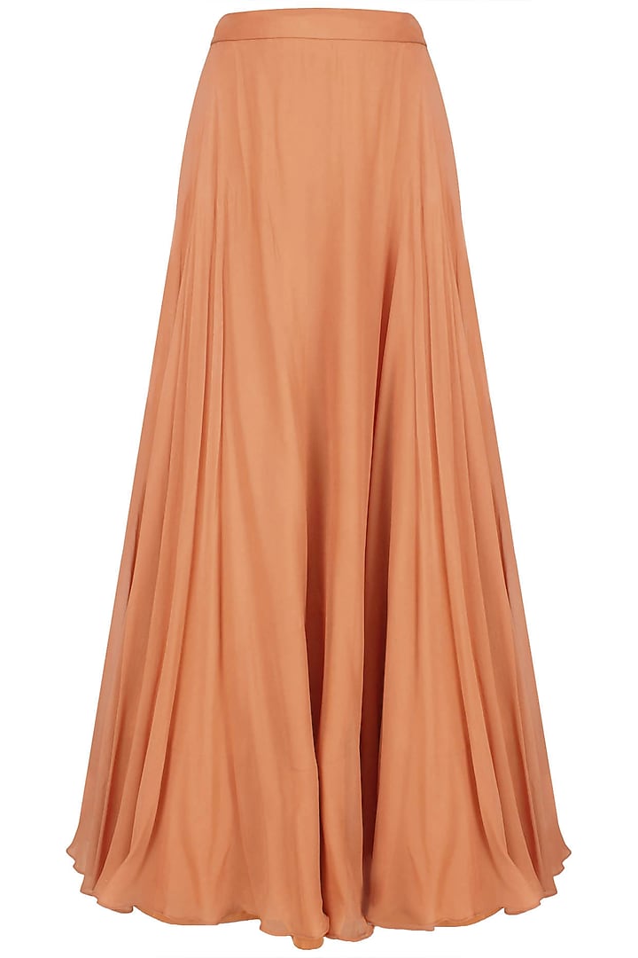 Iced coffee color floral cutwork one sleeve cape and orange skirt set available only at Pernia's Pop Up Shop.