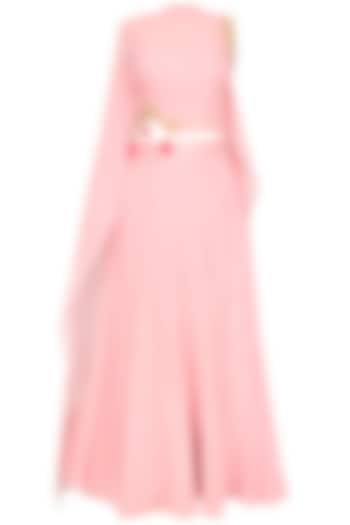 Baby pink floral cutwork one sleeve cape and skirt set available only at Pernia's Pop Up Shop.