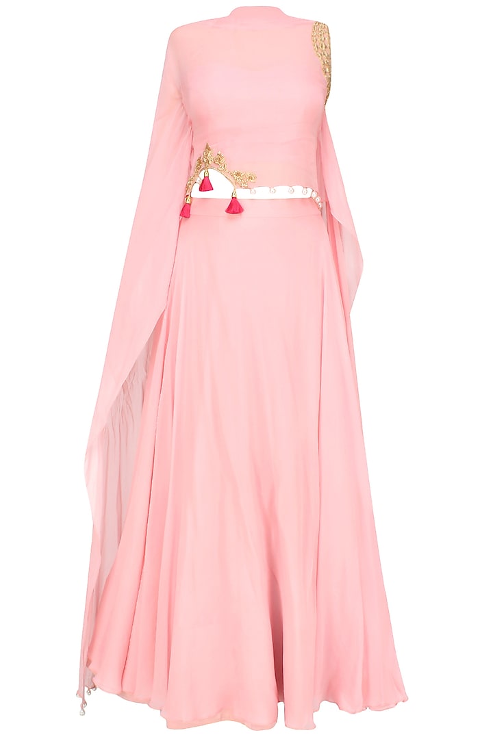 Baby pink floral cutwork one sleeve cape and skirt set available only at Pernia's Pop Up Shop.