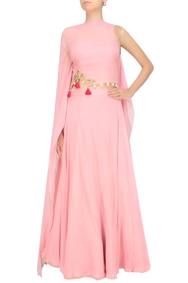 Baby pink floral cutwork one sleeve cape and skirt set available only at Pernia's Pop Up Shop.