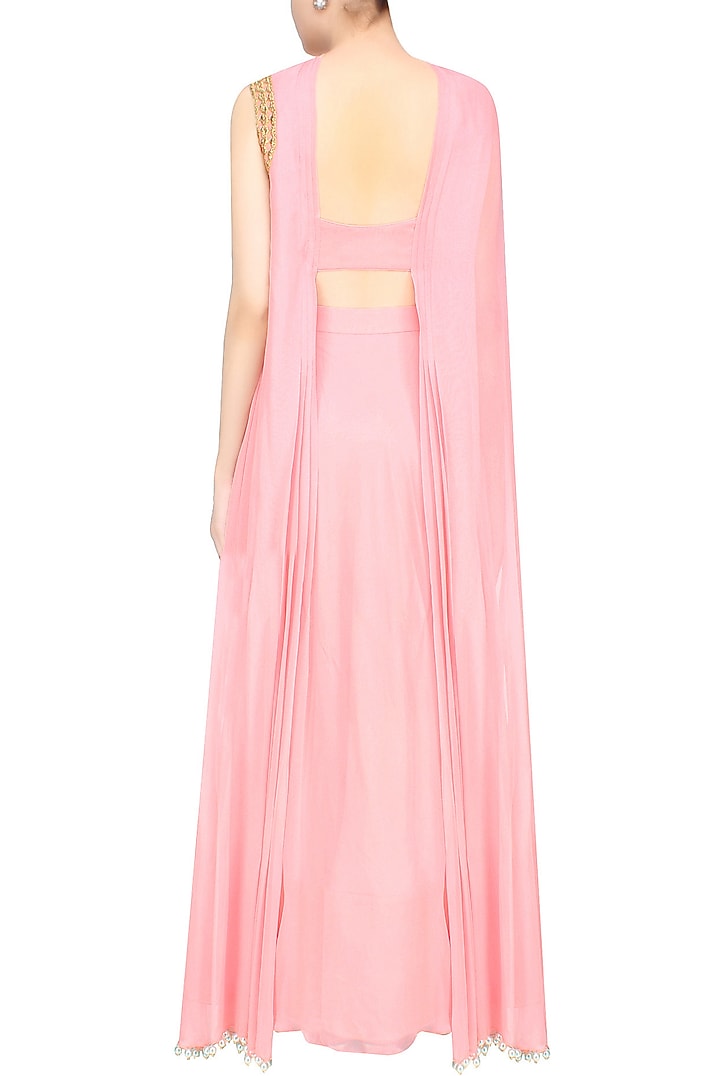 Baby pink floral cutwork one sleeve cape and skirt set available only at Pernia's Pop Up Shop.