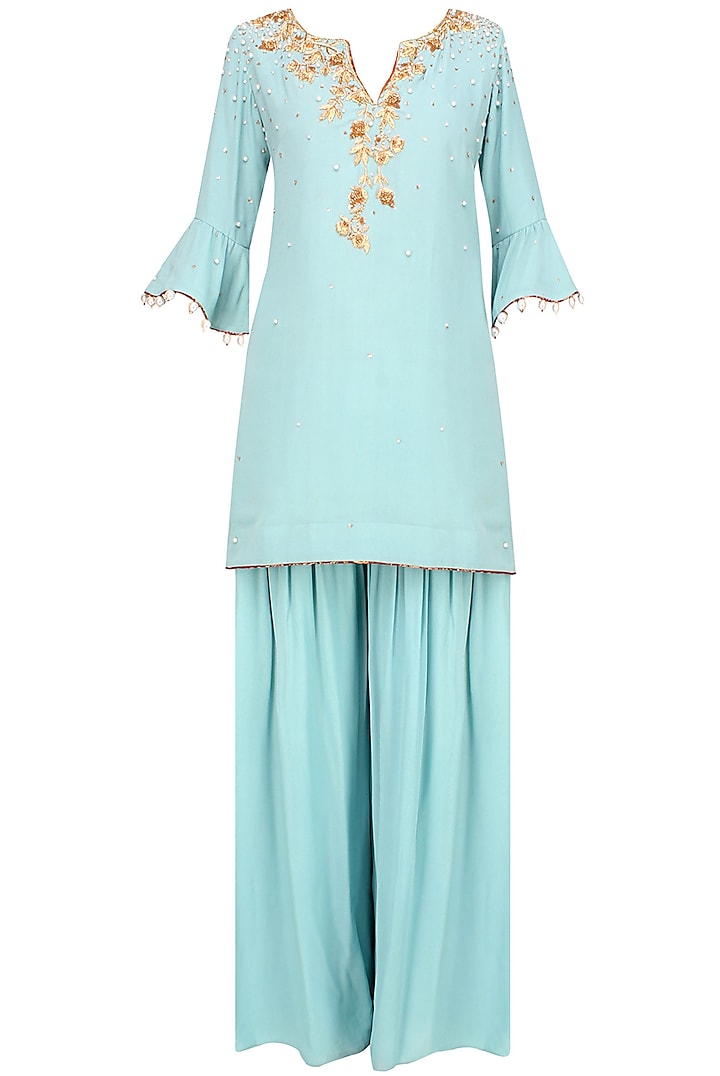Frost Blue Floral Embroidered Short Kurta And Pants Set by Monika Nidhii