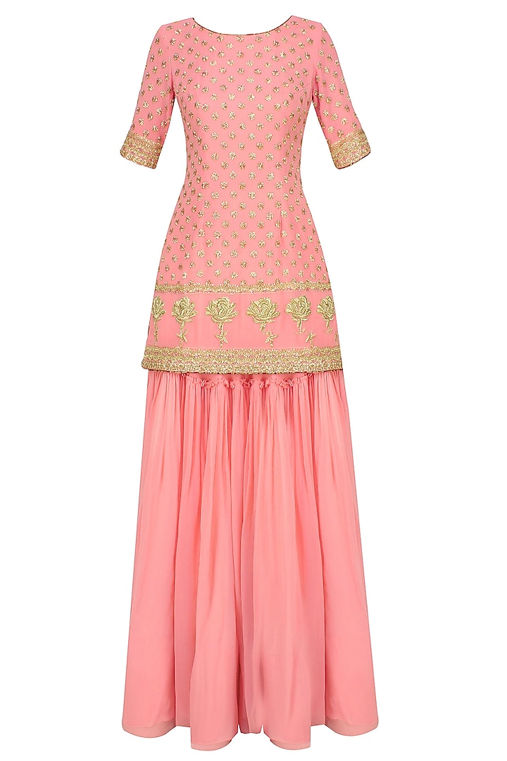 Pink Floral Embroidered Motifs Short Kurta And Sharara Skirt Set by Monika Nidhii
