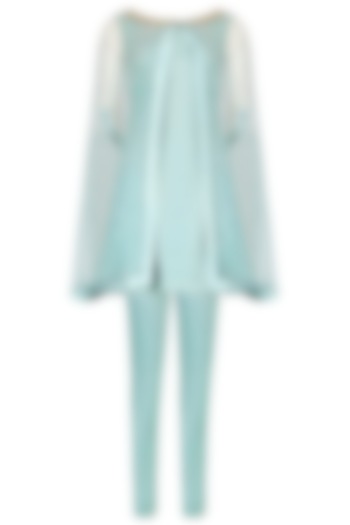 Frost Blue Embellished Front Open Cape, Shirt And Pants Set by Monika Nidhii