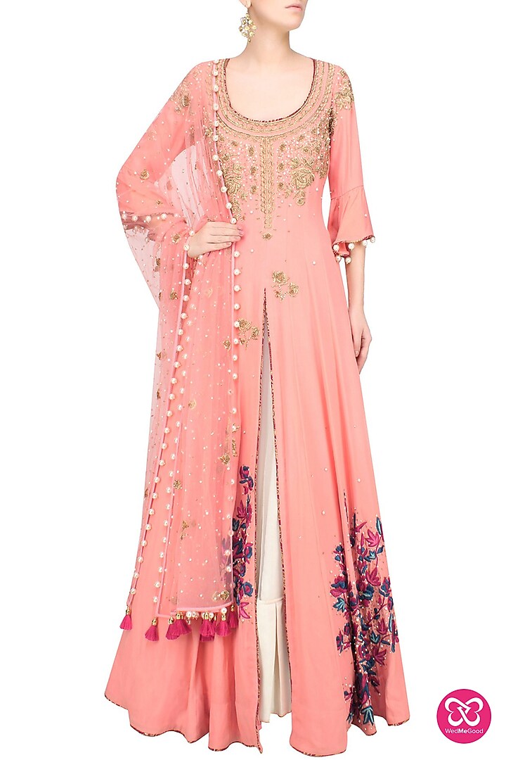 Surreal rose floral embroidered anarkali kurta and lehenga skirt set available only at Pernia's Pop Up Shop.