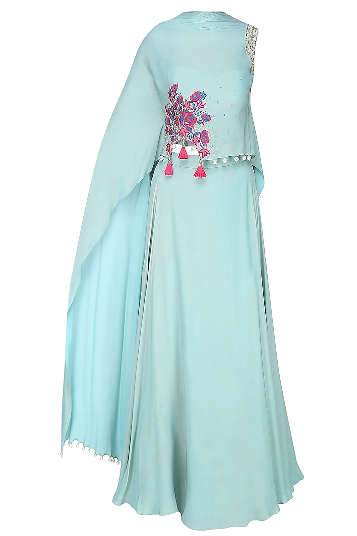 Frost Blue Rosette Motif Embroidered Cape With Matching Skirt by Monika Nidhii