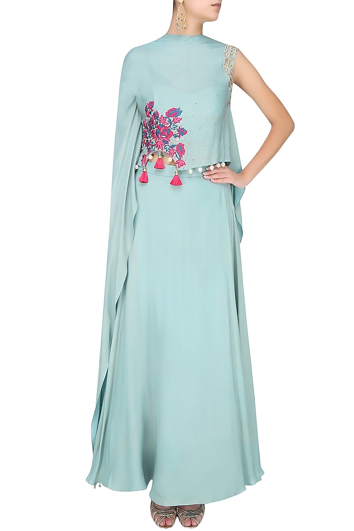 Frost blue rosette motif embroidered cape with matching skirt available only at Pernia's Pop Up Shop.
