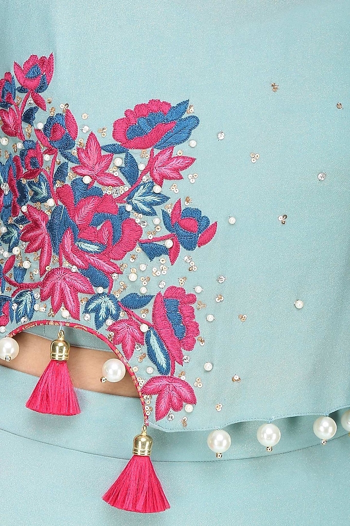 Frost blue rosette motif embroidered cape with matching skirt available only at Pernia's Pop Up Shop.