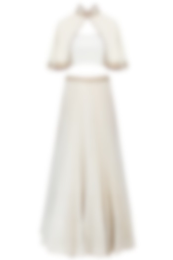 Vanilla Color Embroidered Cape Jacket With Top And Tulle Skirt by Monika Nidhii