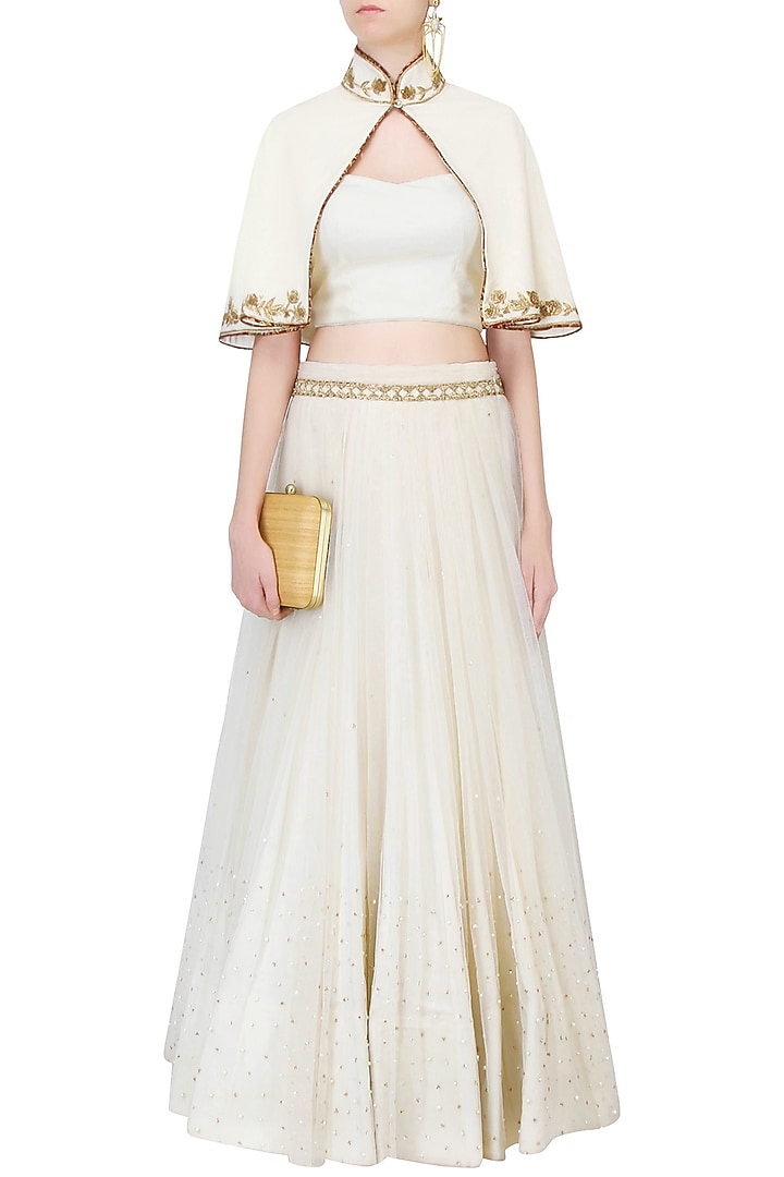 Vanilla color embroidered cape jacket with top and tulle skirt available only at Pernia's Pop Up Shop.
