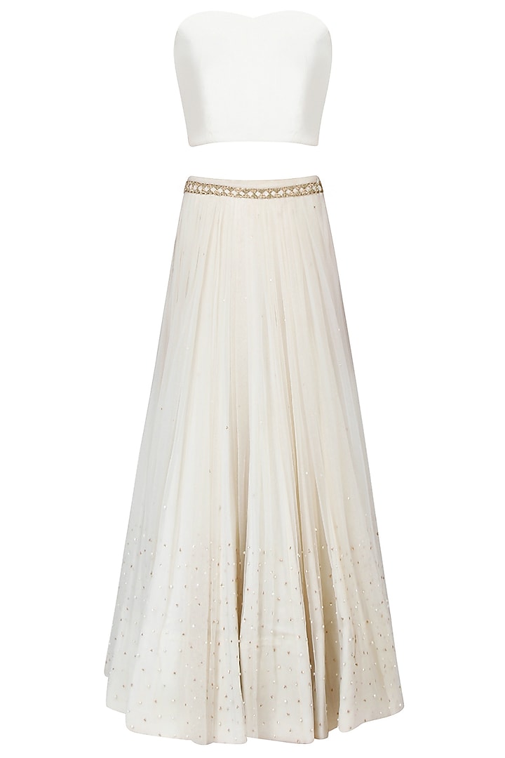 Vanilla color embroidered cape jacket with top and tulle skirt available only at Pernia's Pop Up Shop.
