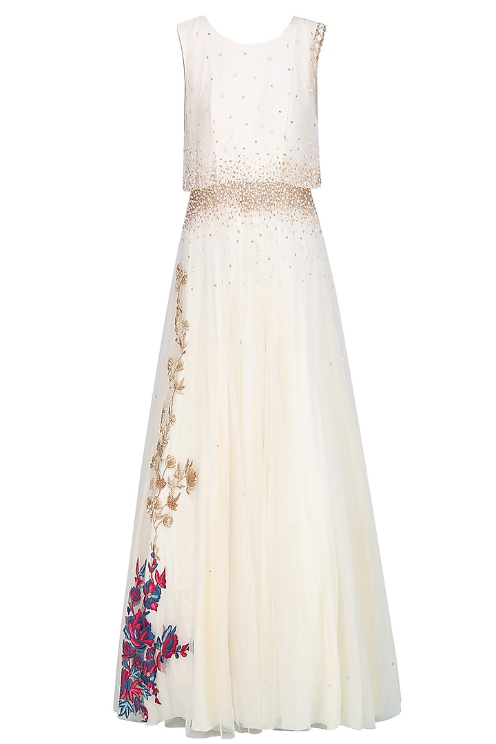 Vanila Color Embroidered And Sequin Ombre Gown by Monika Nidhii