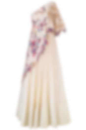 Vanilla Color One Shoulder Gown With Embroidered Aymmetric Cape by Monika Nidhii