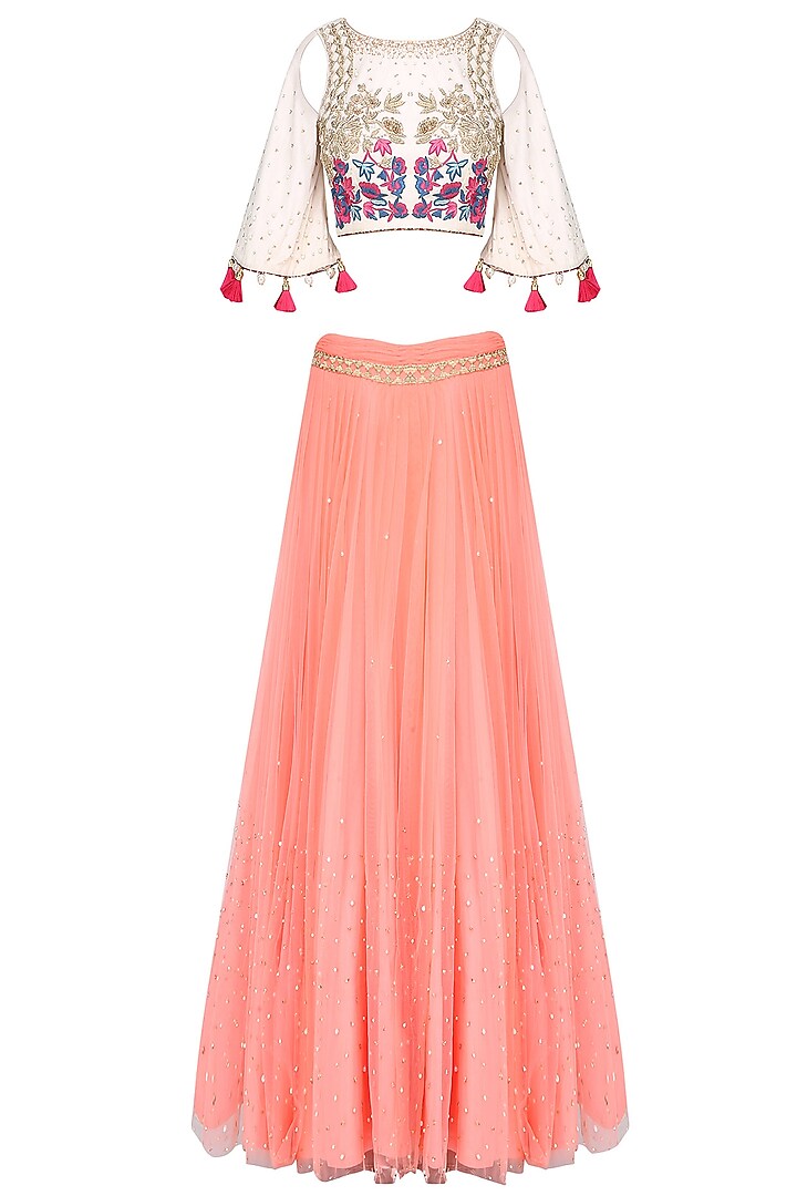 Ivory Shoulder Cut Out Embroidered Crop Top With Rose Pink Skirt by Monika Nidhii