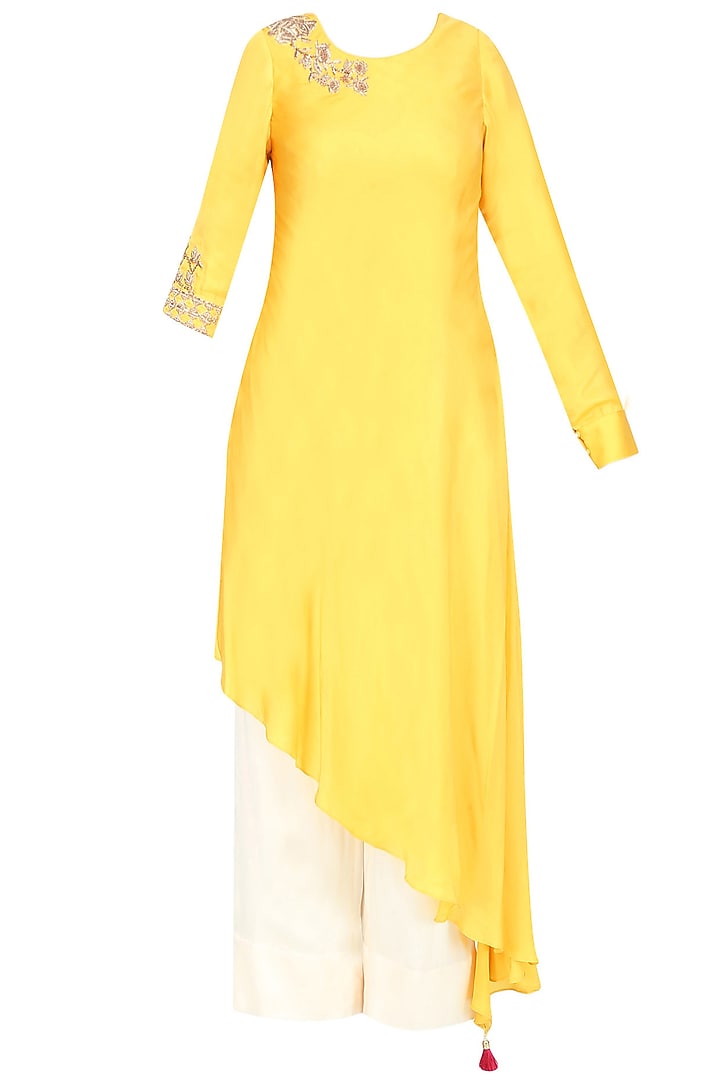 Mustard yellow embroidered asymmetric kurta with pants available only at Pernia's Pop Up Shop. 2023