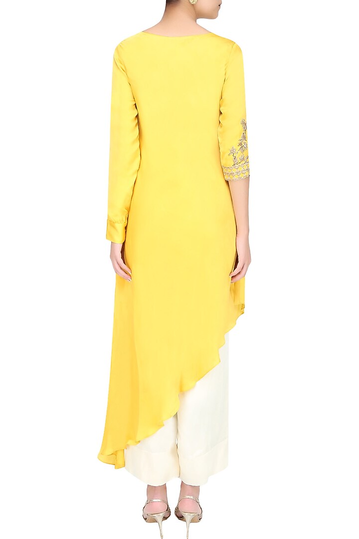 Mustard yellow embroidered asymmetric kurta with pants available only at Pernia's Pop Up Shop.