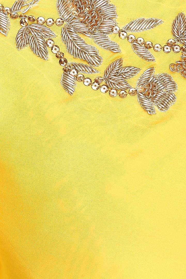 Mustard yellow embroidered asymmetric kurta with pants available only at Pernia's Pop Up Shop.