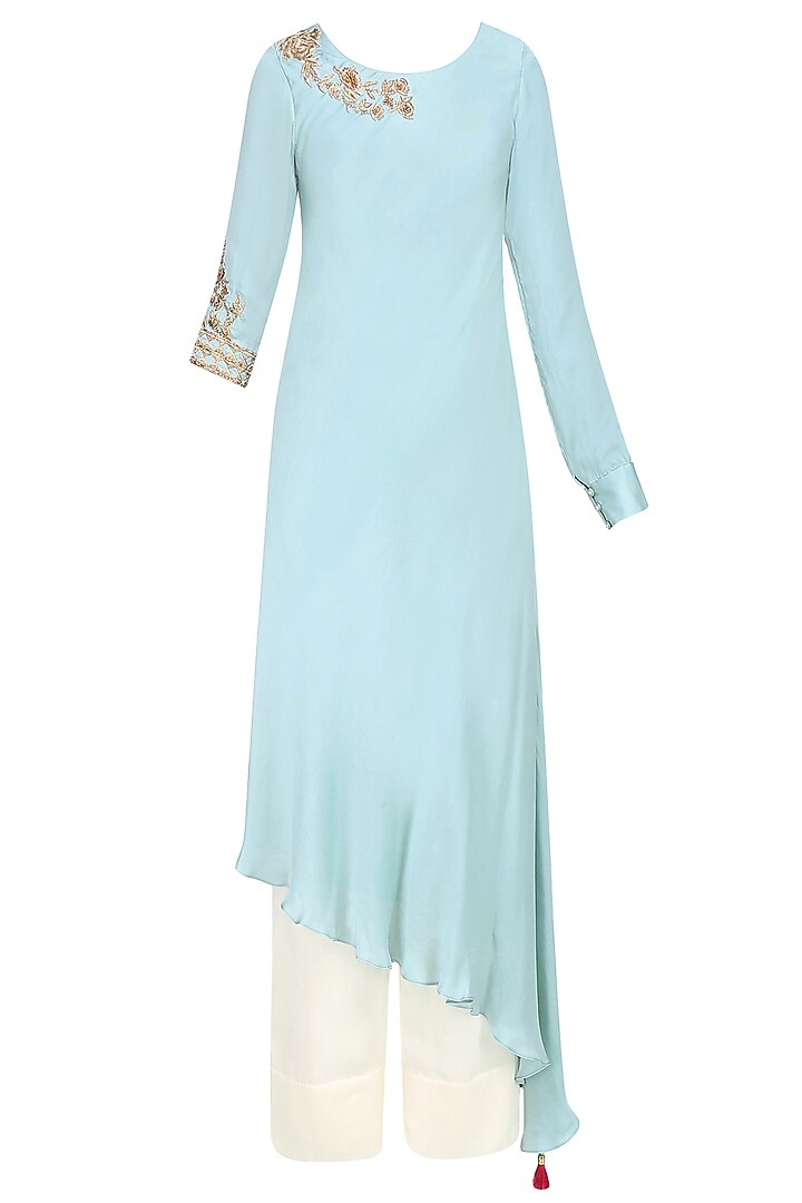 Frost Blue Embroidered Asymmetric Kurta With Pants by Monika Nidhii