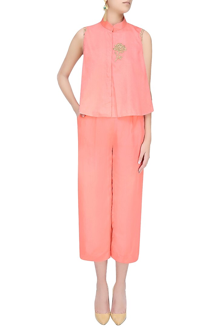 Rose pink floral embroidered cold shoulder top with pants available only at Pernia's Pop Up Shop.