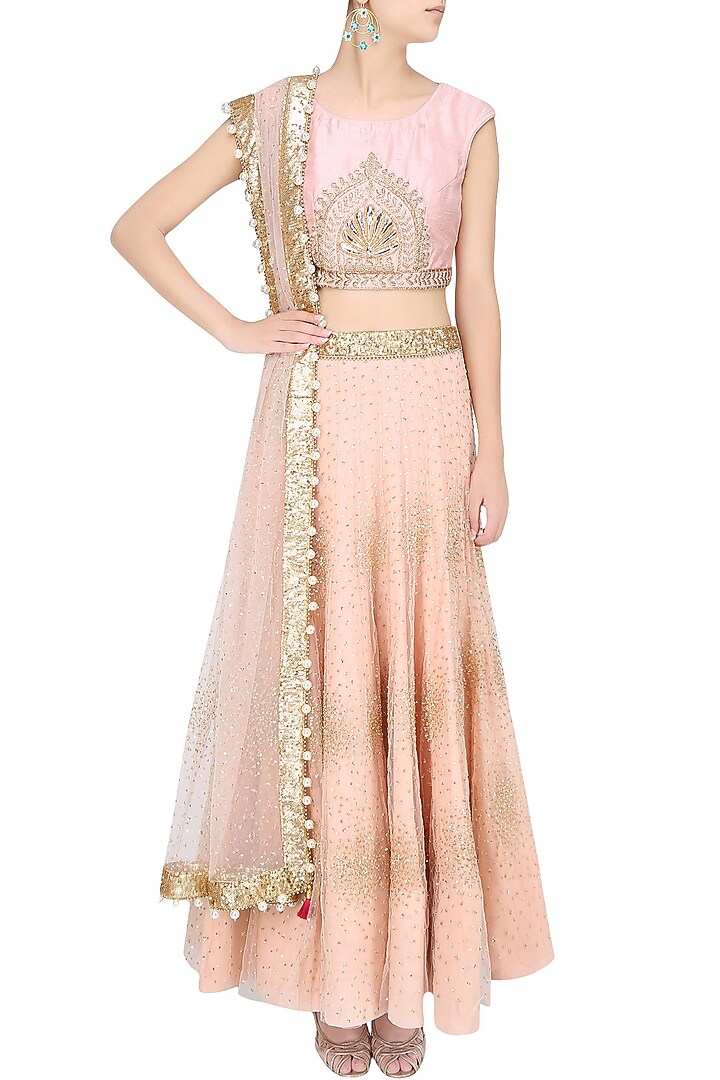 Pink temple motif sequinned lehenga set available only at Pernia's Pop Up Shop.