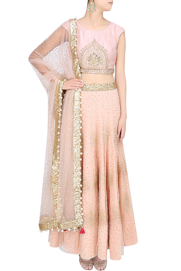 Pink temple motif sequinned lehenga set available only at Pernia's Pop Up Shop.