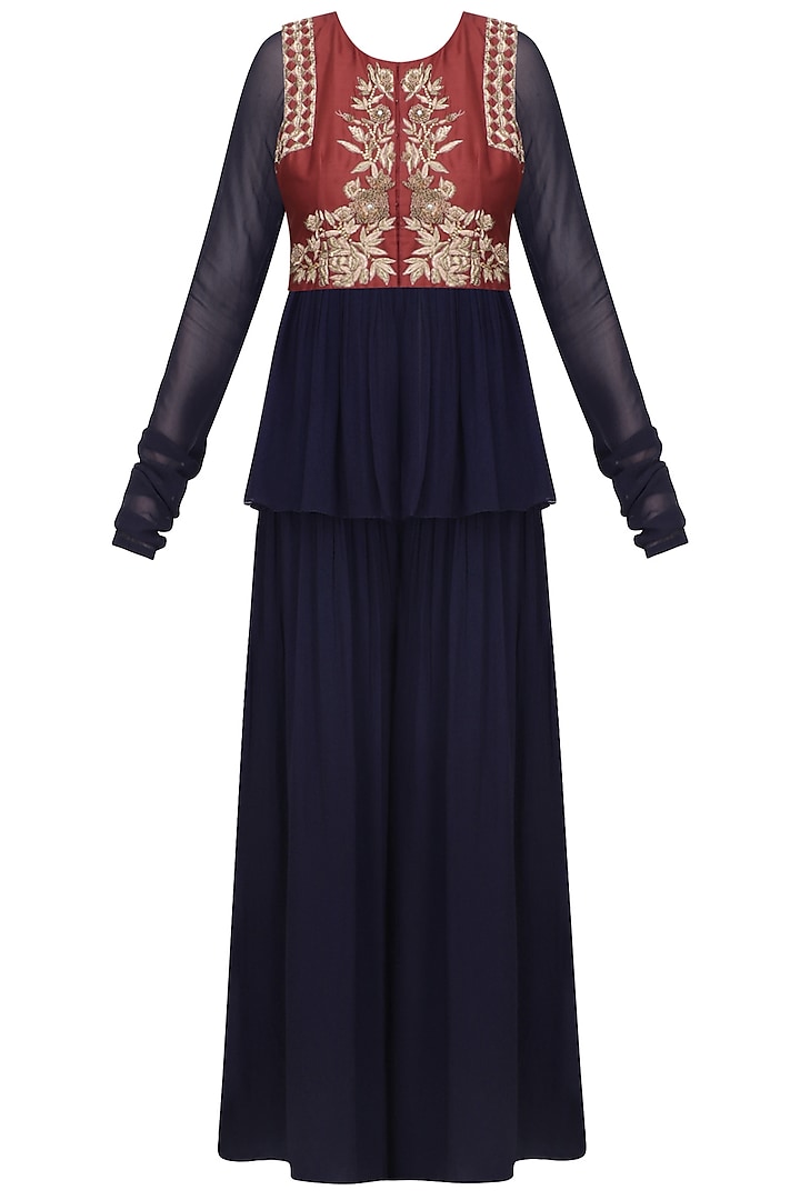Red Floral Embroidered Jacket with Midnight Blue Peplum Shirt and Sharara Pants by Monika Nidhii