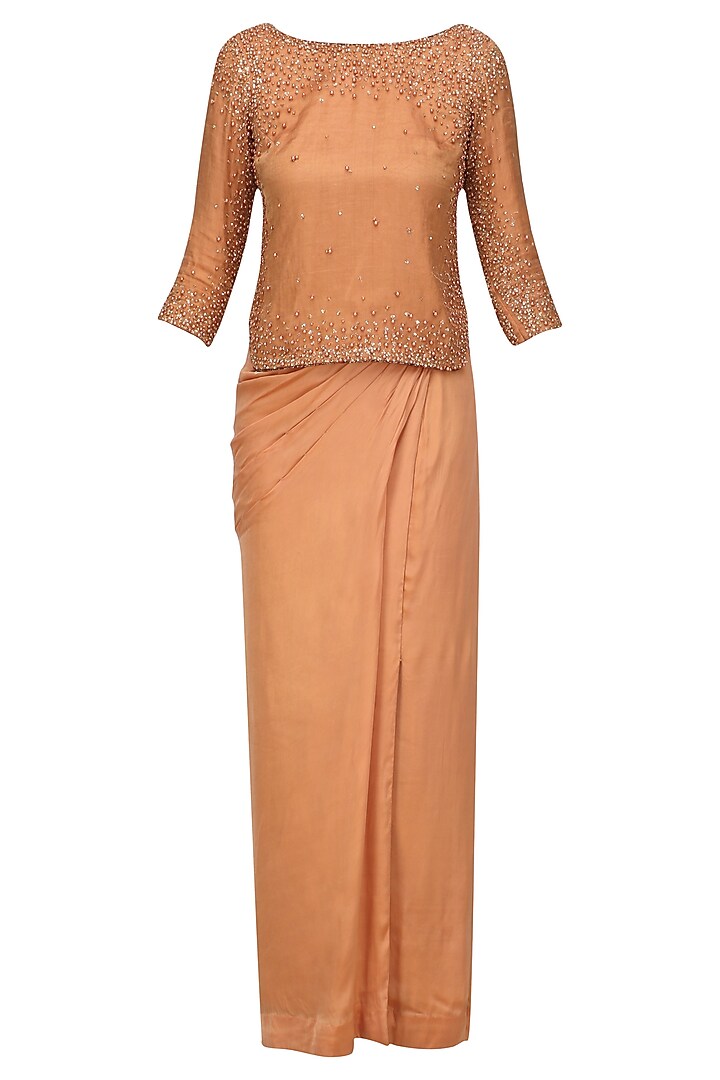 Caramel Pearl and Zircons Embroidered Top and Dhoti Skirt Set by Monika Nidhii