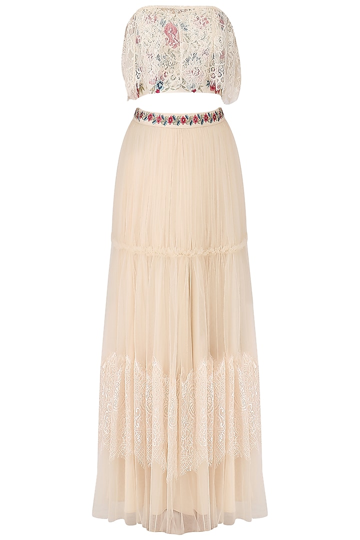 Ivory Off-Shoulder Embroidered Crop Top with Lehenga Set by Monika Nidhii