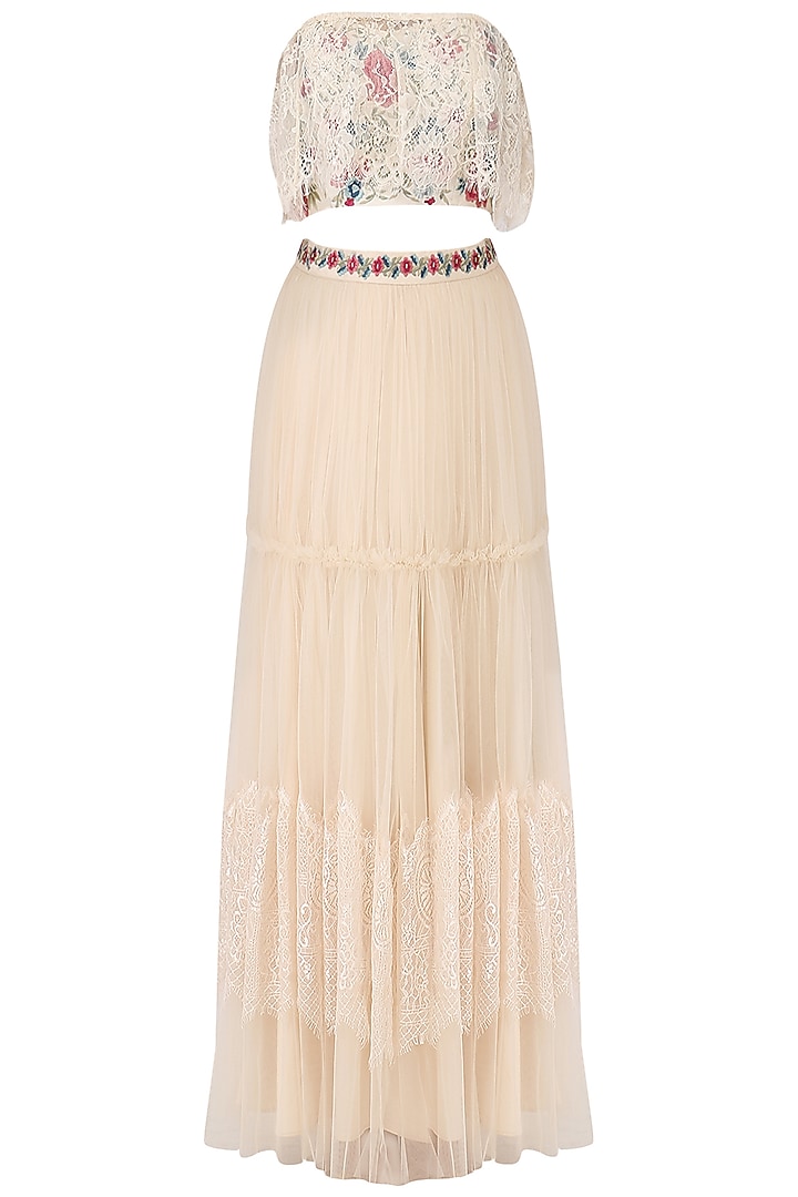 Ivory off-shoulder embroidered crop top with lehenga set available only at Pernia's Pop Up Shop.