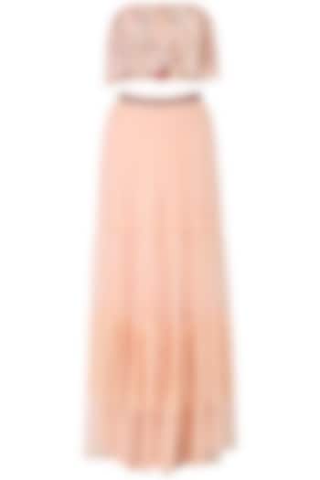 Salmon pink off-shoulder embroidered crop top with lehenga set available only at Pernia's Pop Up Shop.