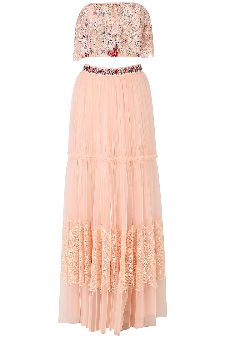 Salmon Pink Off-Shoulder Embroidered Crop Top with Lehenga Set by Monika Nidhii