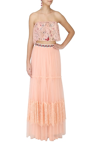 Salmon Pink Off-Shoulder Embroidered Crop Top with Lehenga Set by Monika Nidhee